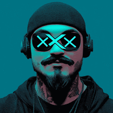 a man with a beard wearing headphones and sunglasses with the letters xxx on them