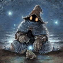 a wizard is sitting on the beach next to a frog and a light .