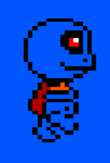 a pixel art drawing of a turtle with a red eye