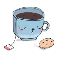 a cartoon drawing of a cup of coffee with a tea bag and a cookie