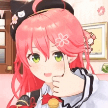 a cartoon girl with pink hair and green eyes is giving a thumbs up