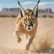 a caracal cat is running in the desert and looking at the camera