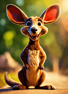 a kangaroo with large ears is smiling and looking at the camera