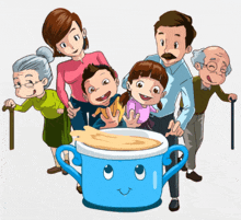 a cartoon of a family standing around a cup with a smiling face