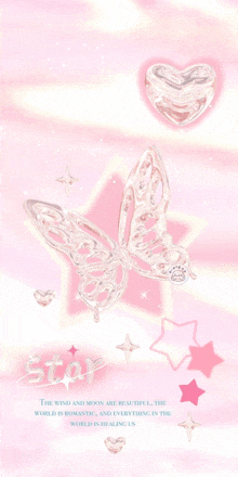 a pink background with a star and a butterfly on it