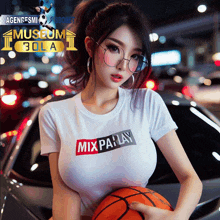 a woman holding a basketball wearing a shirt that says mix play