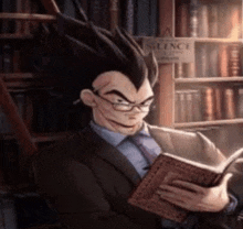 a man in a suit and tie is reading a book .