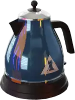 a blue kettle with a triangle on it that says blackburn island