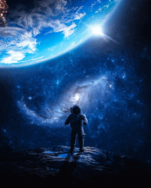 an astronaut stands on a rock looking at the earth and a spiral galaxy