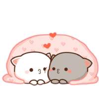 a white cat and a gray cat are laying under a pink blanket with hearts on it .