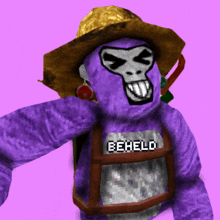 a purple gorilla wearing a straw hat and a backpack that says beheld on it