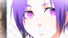 a close up of a anime character with purple hair and pink eyes