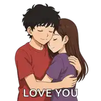 a boy and a girl hugging with the words " love you " above them