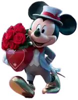 mickey mouse is holding a heart and roses in his hand