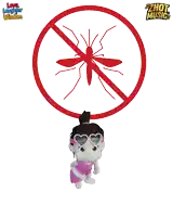 a cartoon girl stands in front of a sign that says no mosquitoes