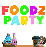 a colorful sign that says foodz party with cartoon characters