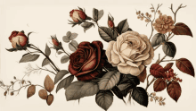 a painting of roses with leaves and buds