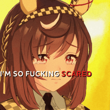 a picture of a girl with horns and the words i 'm so fucking scared below her