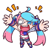 a cartoon drawing of a girl with blue hair and pink ears