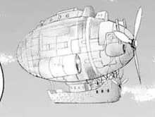 a black and white drawing of a blimp with a propeller flying through the air .