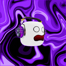 a cartoon character wearing headphones with a purple background