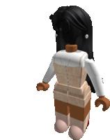 a cartoon character with long black hair is wearing a white top and brown shorts