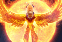 a man with a beard is standing in front of a phoenix with flames coming out of its wings