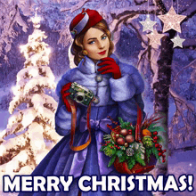 a christmas card with a woman holding a camera and a basket of flowers