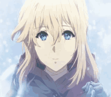 a close up of a blonde anime girl with blue eyes in the snow .