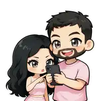 a man and a woman are standing next to each other looking at a cell phone