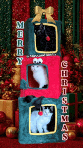 a merry christmas card with two cats in a cat house