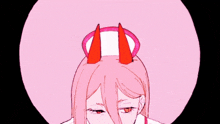 a girl with pink hair and red horns is wearing a halo on her head .