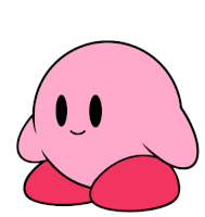 kirby is a pink cartoon character with black eyes and red legs