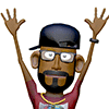 a cartoon man with a beard , glasses and a hat is raising his hands in the air .