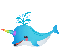 a blue narwhal with a rainbow horn spraying water