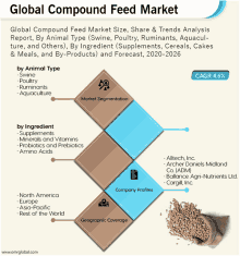 a poster titled global compound feed market with a picture of a bag of feed