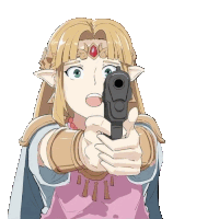 a cartoon drawing of princess zelda pointing a gun at the camera