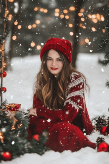 a woman wearing a red hat and sweater is sitting in the snow