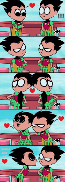 a cartoon of robin kissing another robin with cn written on the bottom