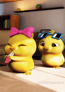 two cartoon ducks wearing sunglasses and a pink bow are standing next to each other in a living room