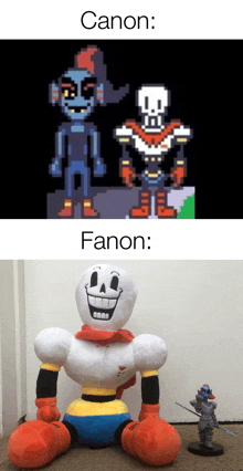 a stuffed papyrus is sitting next to a pixel art drawing of papyrus