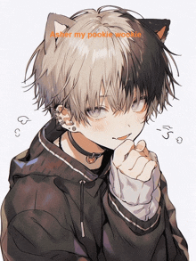 a drawing of a boy with a cat ear and the words " aster my pookie woopie " on the bottom