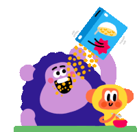 a box of cereal is being poured into a purple monster 's mouth