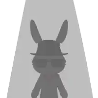 a white rabbit wearing sunglasses and a hat with the letter m on his neck