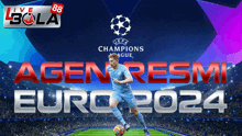 a poster for the uefa champions league shows a soccer player running with the ball