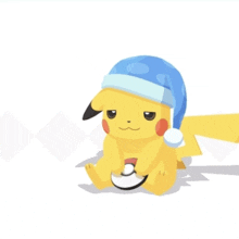 a pikachu wearing a blue hat holds a ball