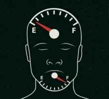 a drawing of a man 's head with a gauge reading e and f on it