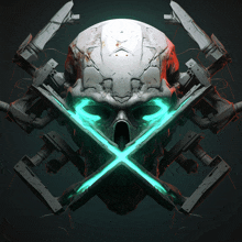 a skull with crossed arms and a glowing x in the middle