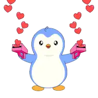 a penguin holding two pink boxes with hearts on them
