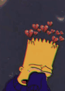 bart simpson is crying and has broken hearts on his head .